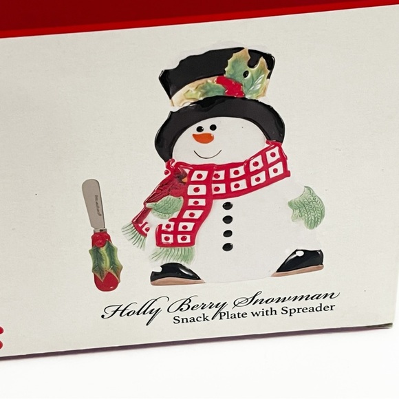 Fitz & Floyd Holly Berry Snowman Snack Plate with Box 7" - NO SPREADER - Picture 3 of 12